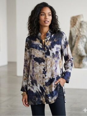 BLANK LONDON / Tie-Dye Long-Sleeve Button Front Tunic Top  - Sz S